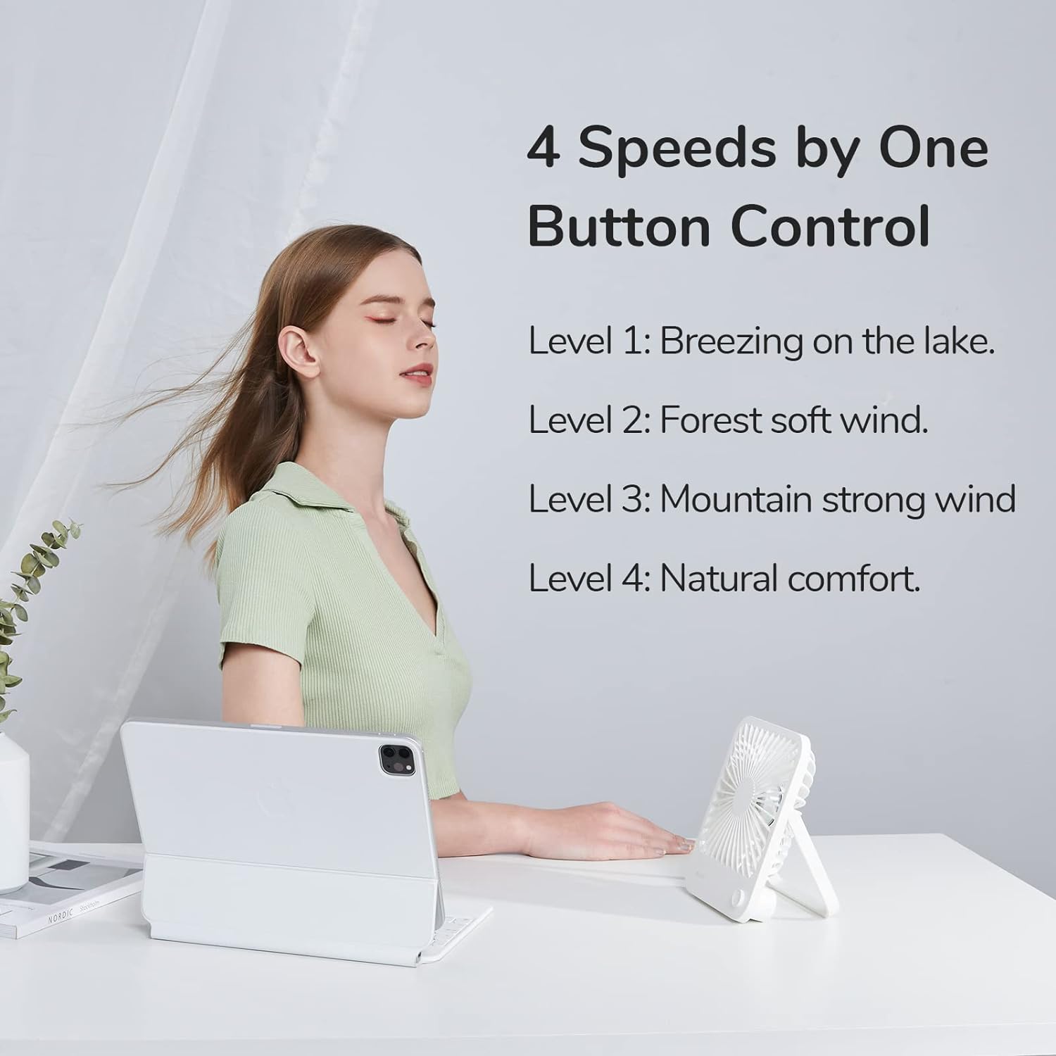 Compact rechargeable portable fan in [color] with 180-degree foldable design and adjustable speed settings — view 2