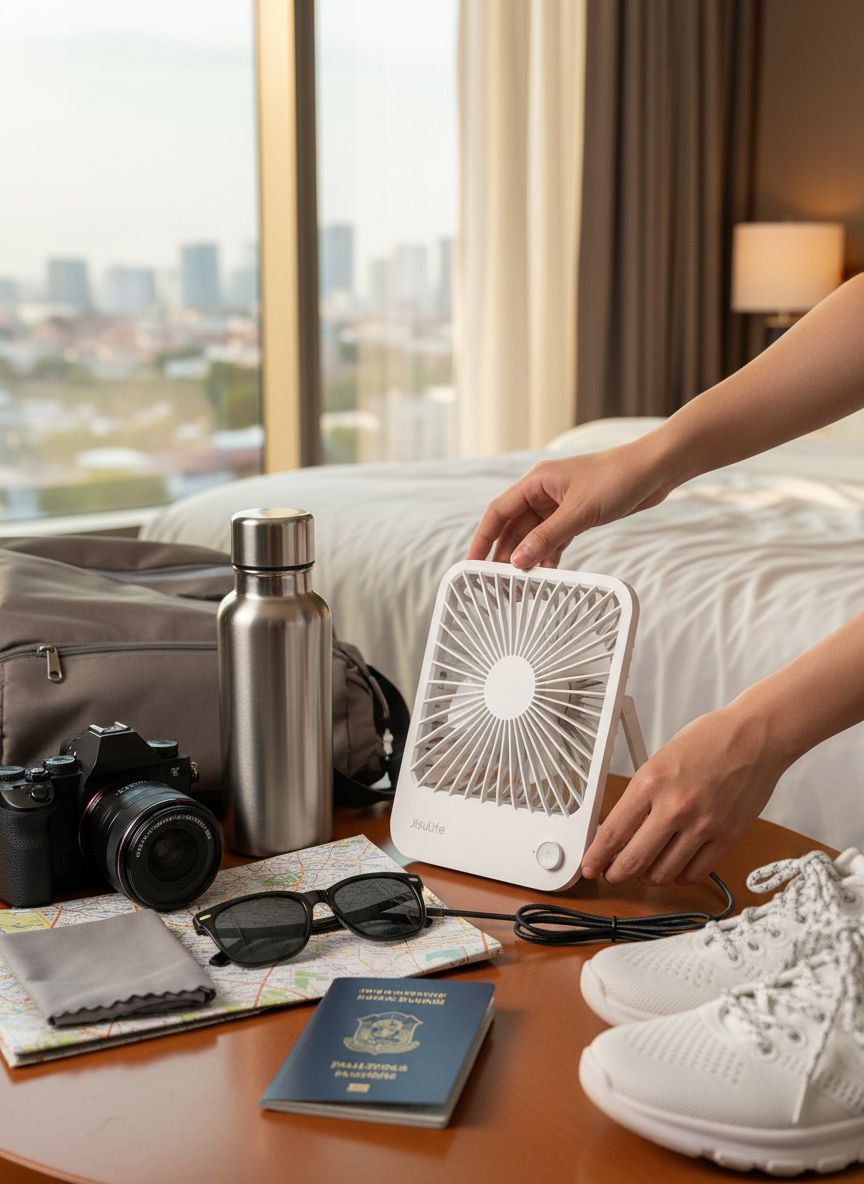 Compact rechargeable portable fan in [color] with 180-degree foldable design and adjustable speed settings — view 5a