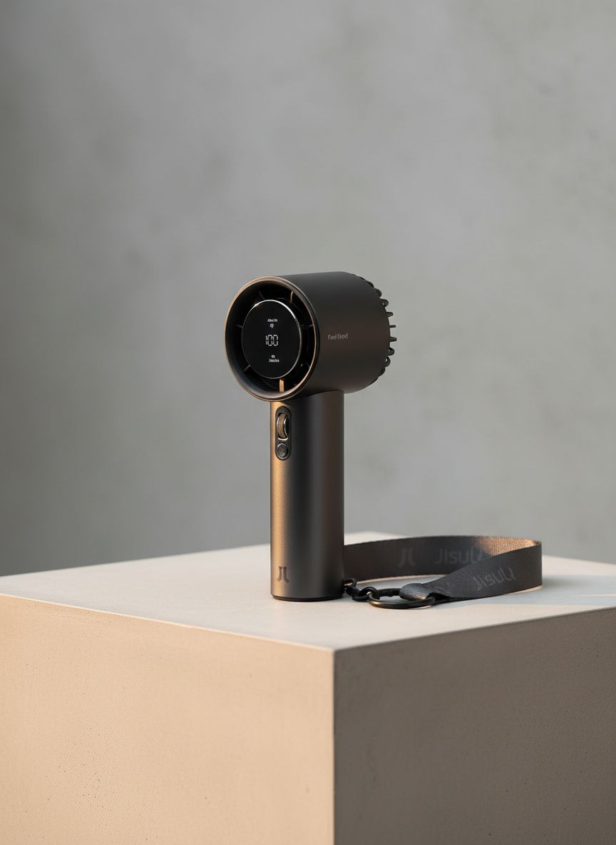 Compact metal handheld fan in [color] with variable speed dial, shown from front angle displaying cooling feature — view 1