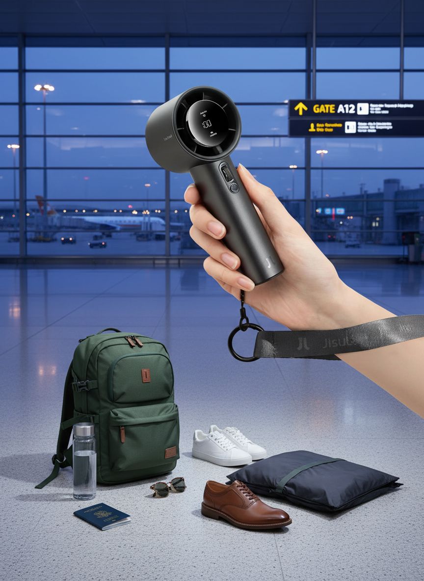 Compact metal handheld fan in [color] with variable speed dial, shown from front angle displaying cooling feature — view 5a
