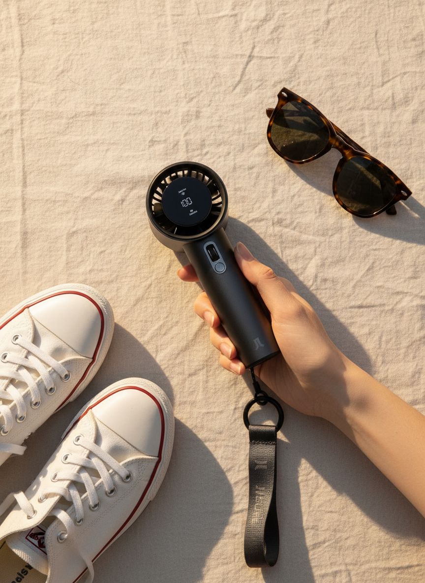 Compact metal handheld fan in [color] with variable speed dial, shown from front angle displaying cooling feature — view 7a