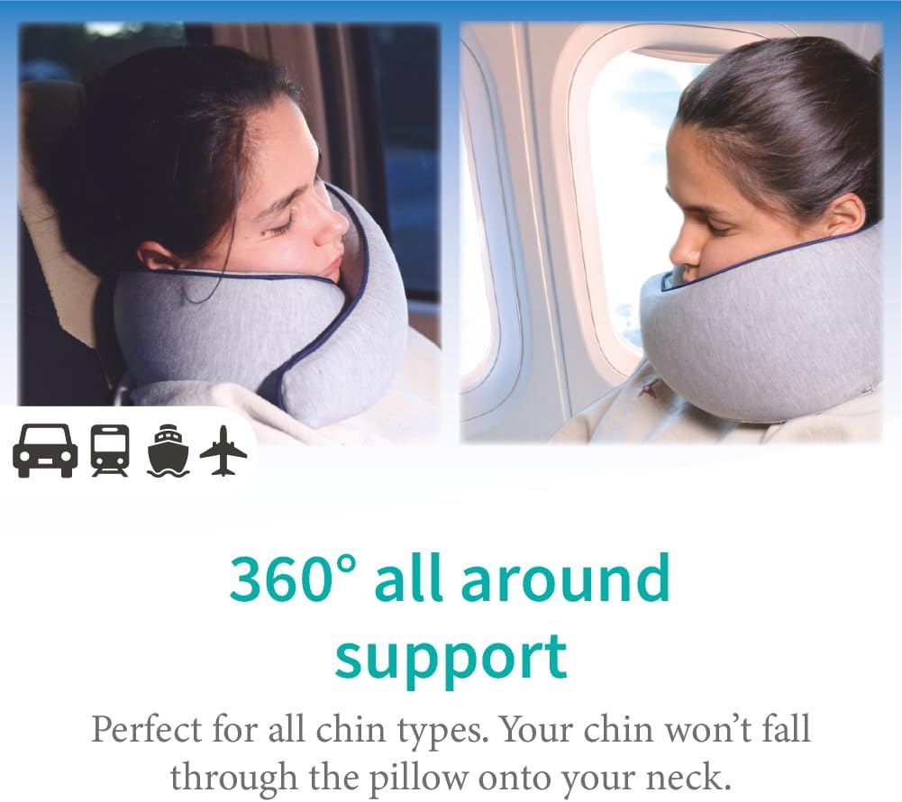 Memory foam travel pillow in {color} with ergonomic neck and chin support for airplane use — view 2