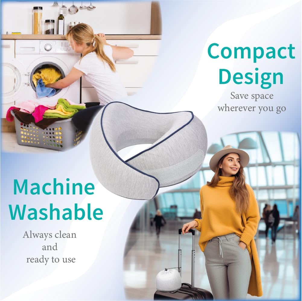 Memory foam travel pillow in {color} with ergonomic neck and chin support for airplane use — view 3