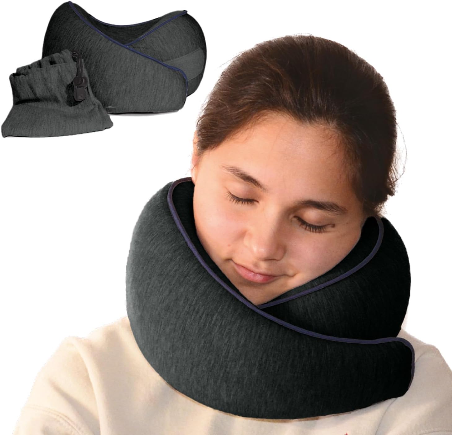 Memory foam travel pillow in {color} with ergonomic neck and chin support for airplane use — view 4