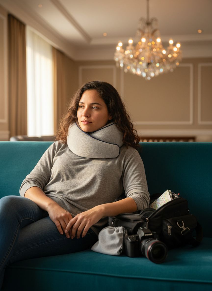 Memory foam travel pillow in {color} with ergonomic neck and chin support for airplane use — view 4