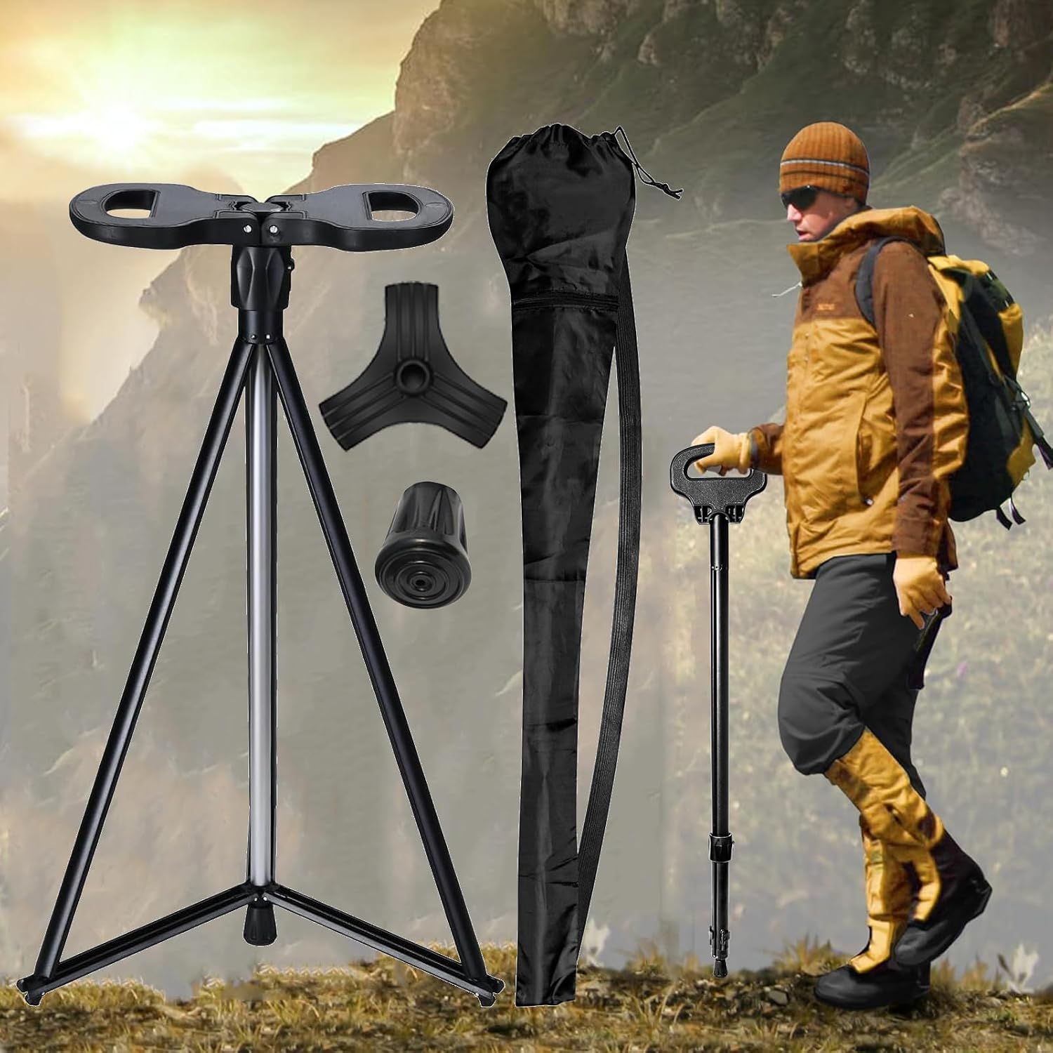 [Color] foldable walking cane with integrated seat, aluminum construction, shown in compact and extended positions for hiking — view 1