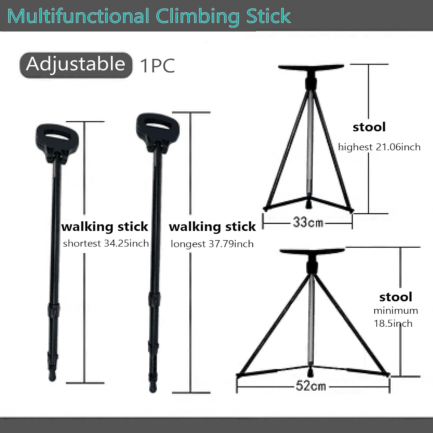 [Color] foldable walking cane with integrated seat, aluminum construction, shown in compact and extended positions for hiking — view 2