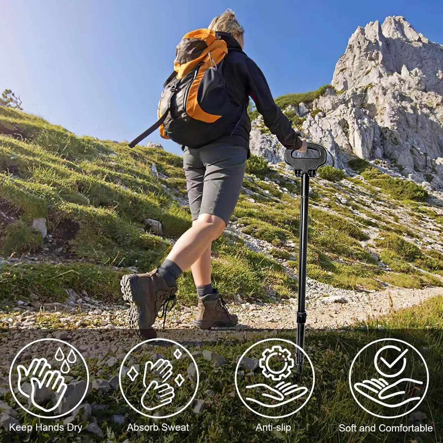 [Color] foldable walking cane with integrated seat, aluminum construction, shown in compact and extended positions for hiking — view 3