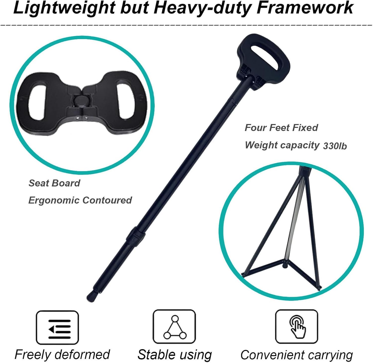 [Color] foldable walking cane with integrated seat, aluminum construction, shown in compact and extended positions for hiking — view 4
