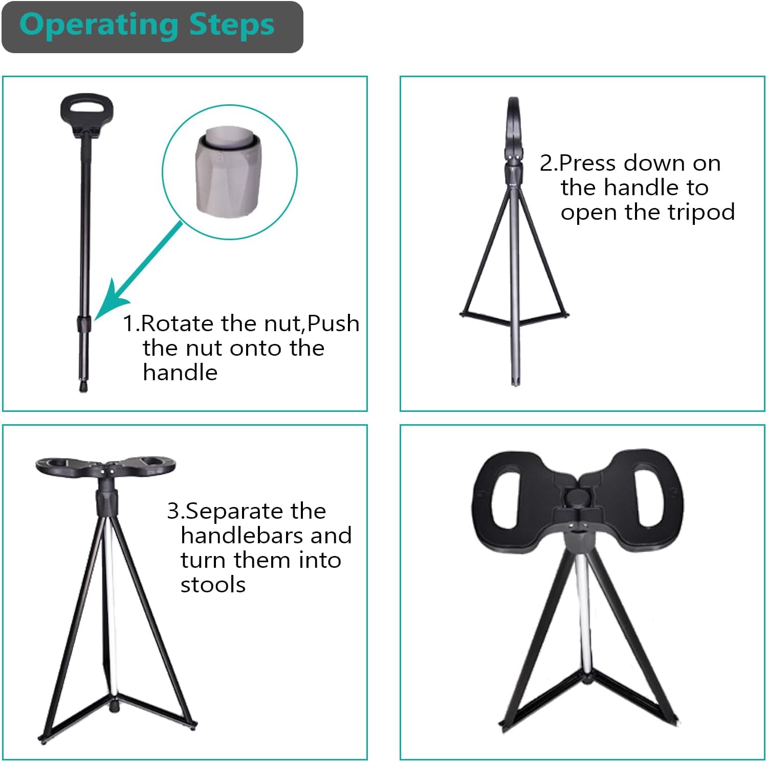 [Color] foldable walking cane with integrated seat, aluminum construction, shown in compact and extended positions for hiking — view 2