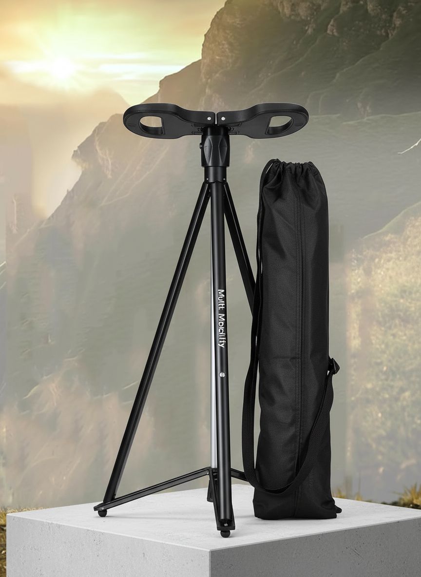 [Color] foldable walking cane with integrated seat, aluminum construction, shown in compact and extended positions for hiking — view 2