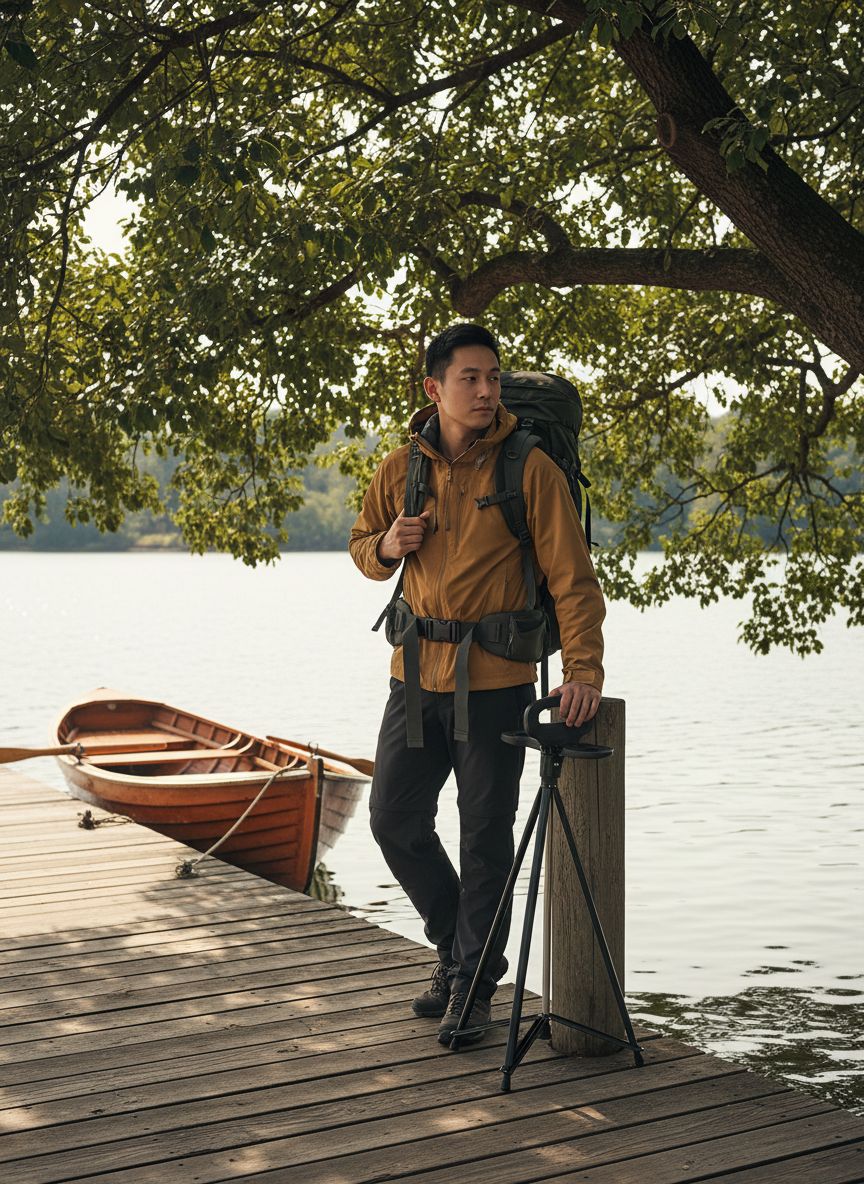 [Color] foldable walking cane with integrated seat, aluminum construction, shown in compact and extended positions for hiking — view 2