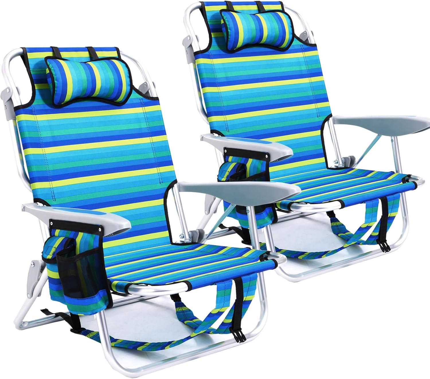 [Color] lightweight folding beach chair with 5-position back support and cup holder, shown in compact carrying mode — view 1