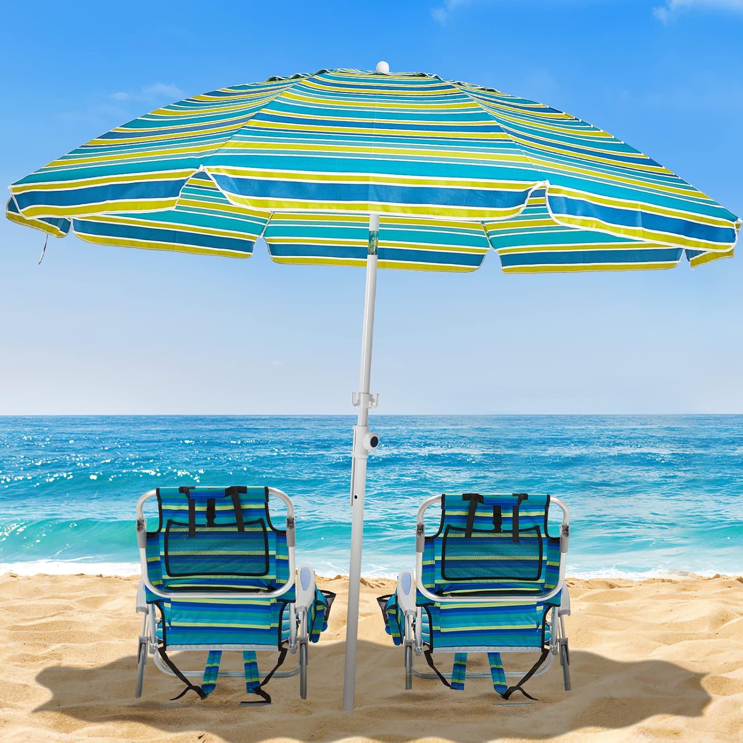 [Color] lightweight folding beach chair with 5-position back support and cup holder, shown in compact carrying mode — view 2