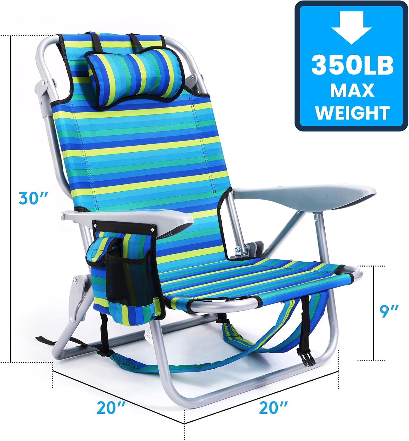 [Color] lightweight folding beach chair with 5-position back support and cup holder, shown in compact carrying mode — view 3