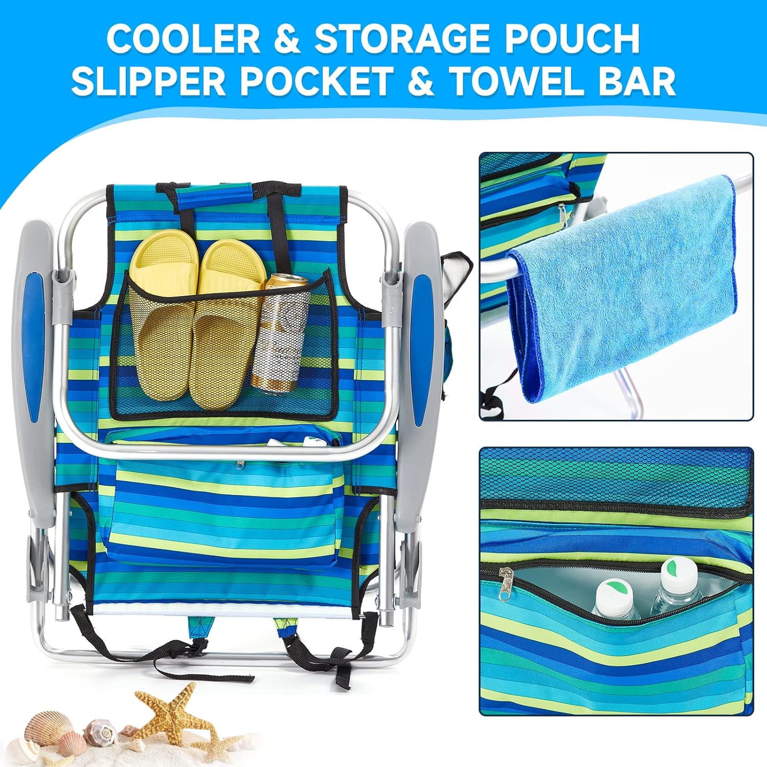 [Color] lightweight folding beach chair with 5-position back support and cup holder, shown in compact carrying mode — view 4
