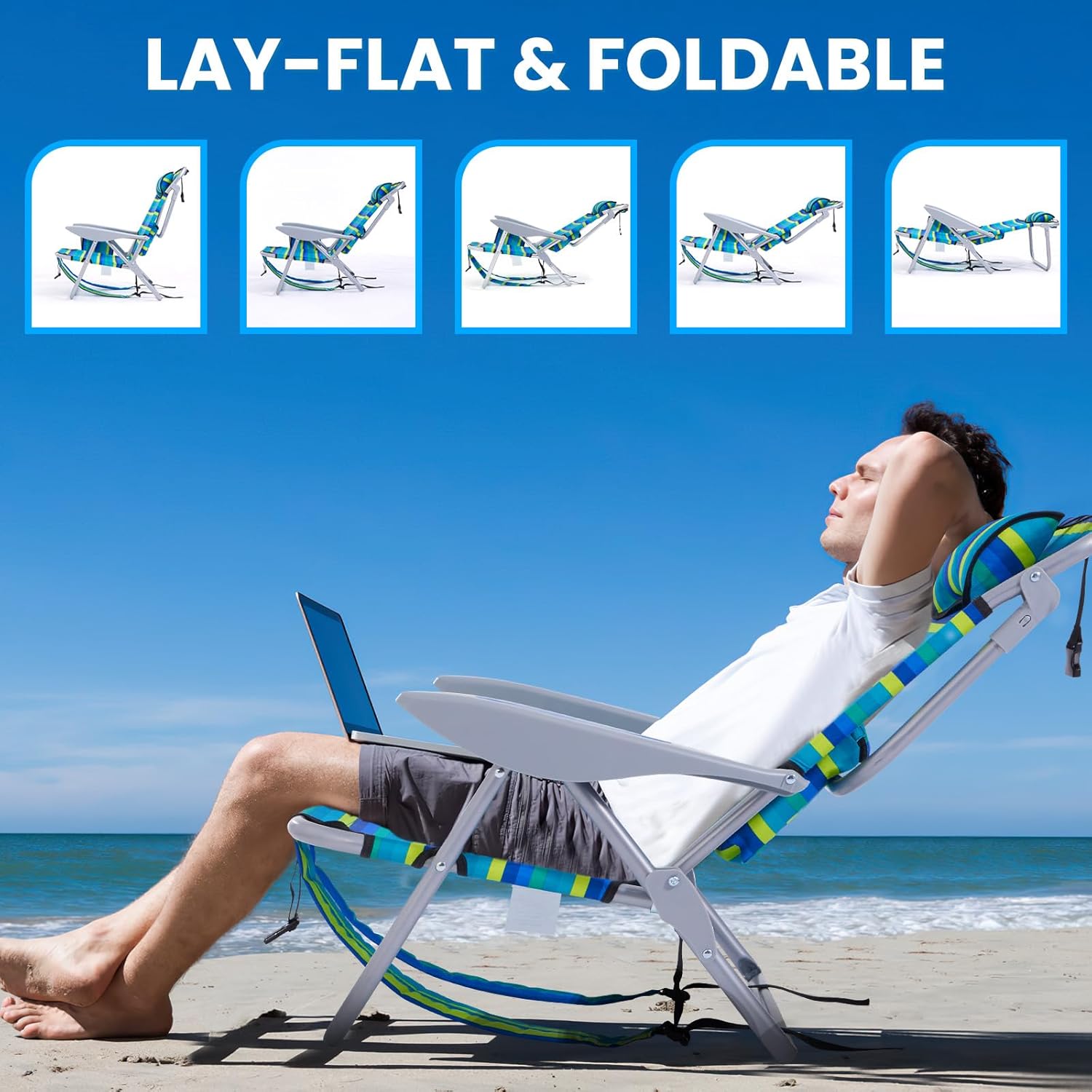 [Color] lightweight folding beach chair with 5-position back support and cup holder, shown in compact carrying mode — view 2