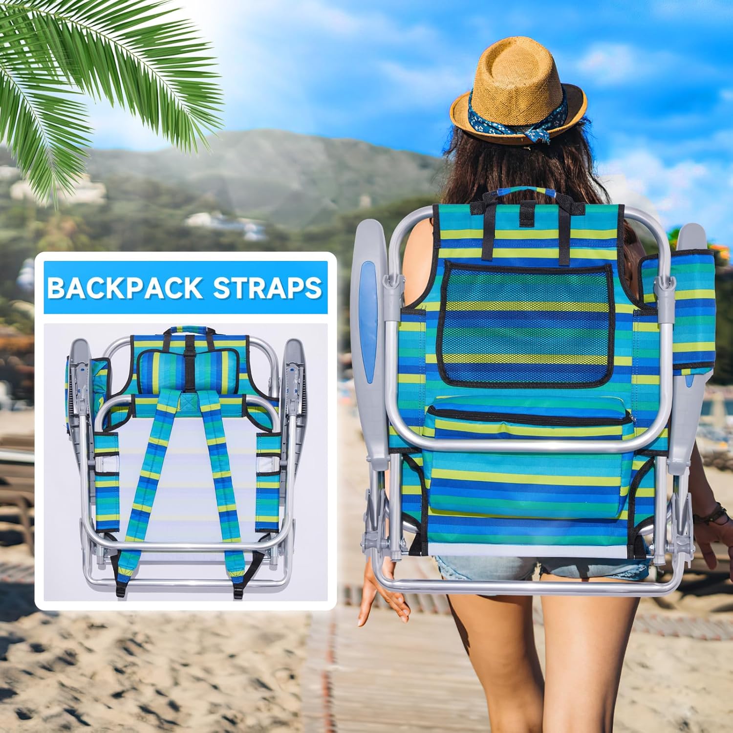[Color] lightweight folding beach chair with 5-position back support and cup holder, shown in compact carrying mode — view 3