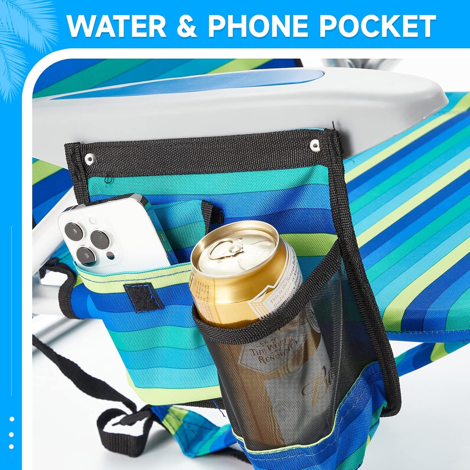 [Color] lightweight folding beach chair with 5-position back support and cup holder, shown in compact carrying mode — view 4