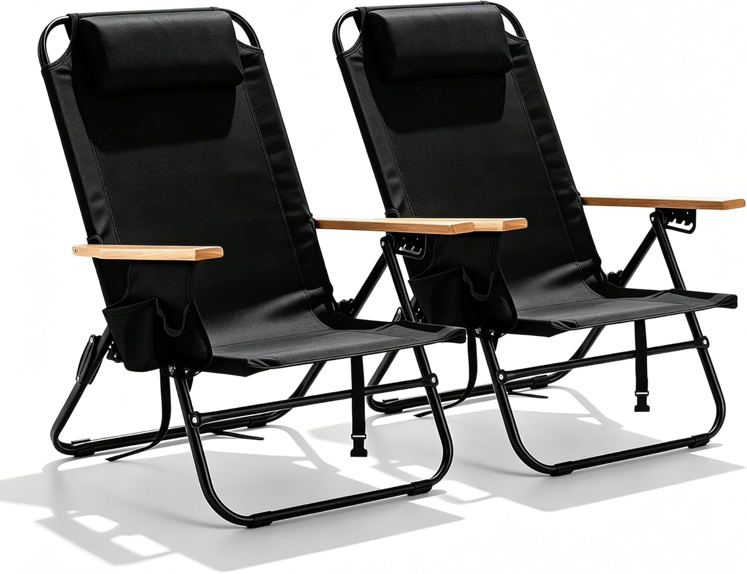 [Color] lightweight folding beach chair with 5-position back support and cup holder, shown in compact carrying mode — view 5