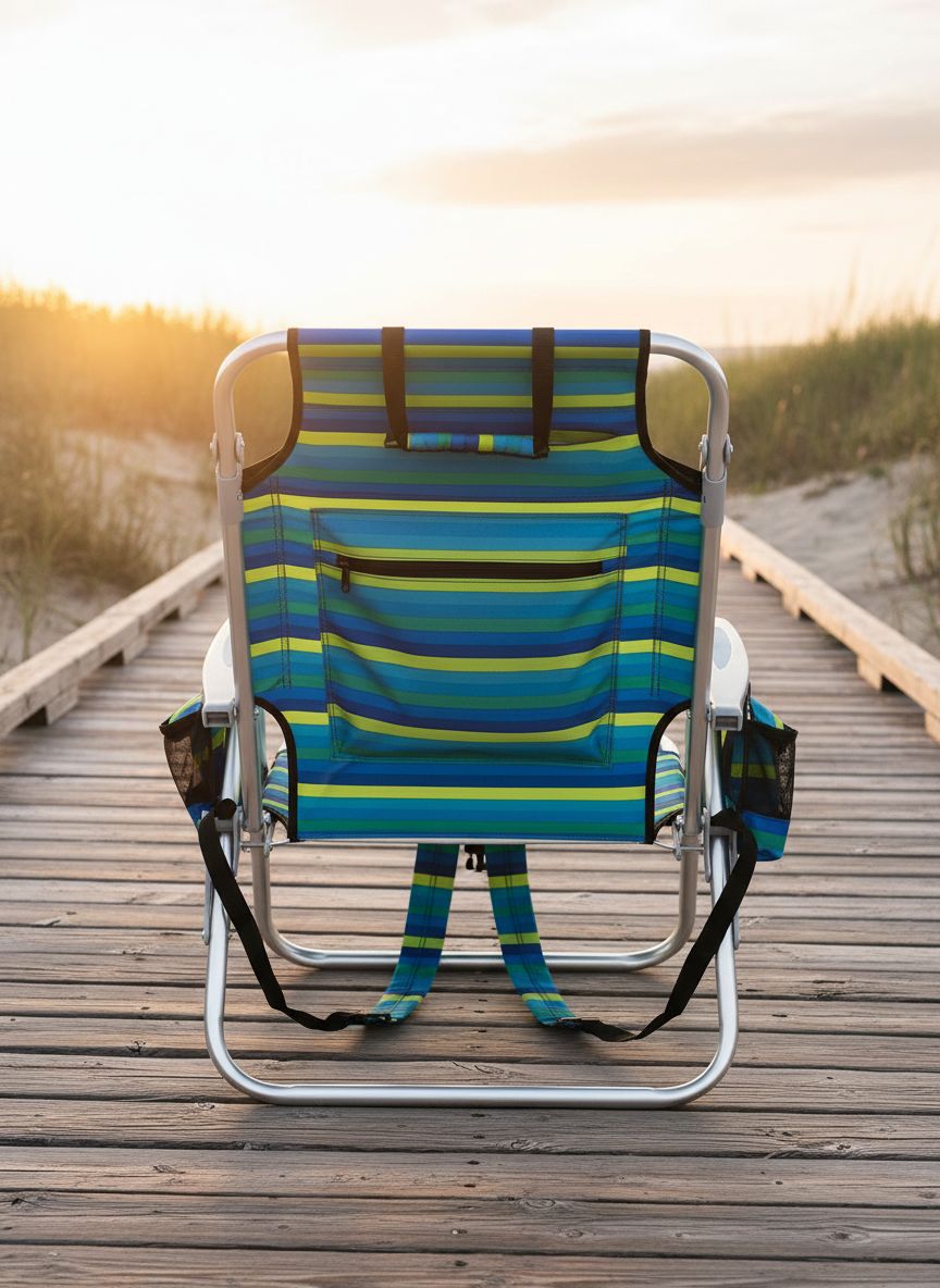 [Color] lightweight folding beach chair with 5-position back support and cup holder, shown in compact carrying mode — view 2