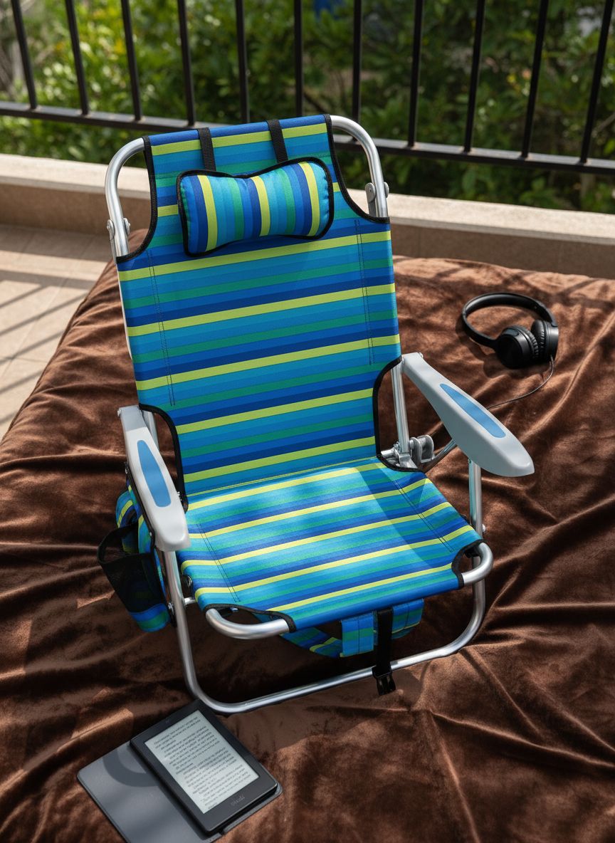 [Color] lightweight folding beach chair with 5-position back support and cup holder, shown in compact carrying mode — view 7a
