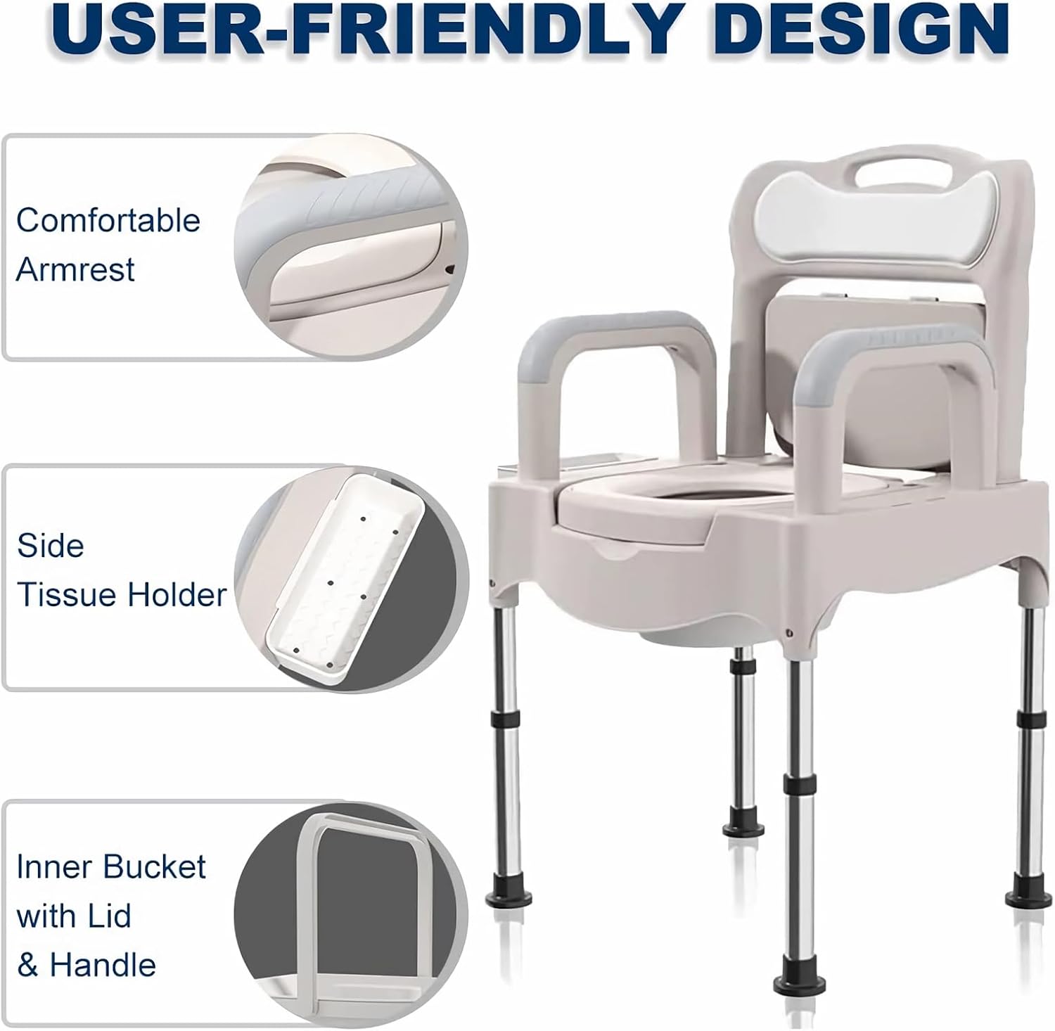 [Color] height-adjustable bedside commode chair with steel frame and plastic seat, suitable for seniors and elderly home care — view 3a