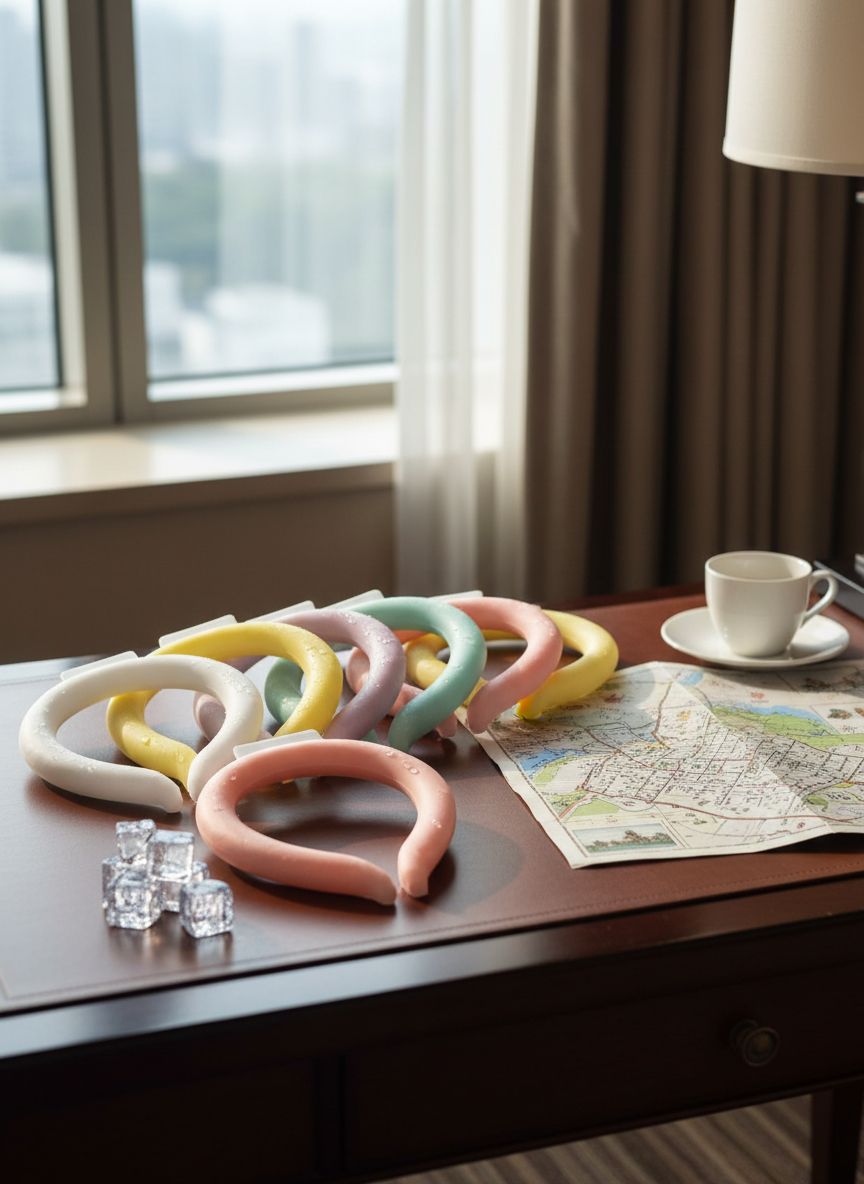 Set of colorful silicone gel neck cooling wraps in macaron colors, wearable and reusable for summer heat relief โ view 1