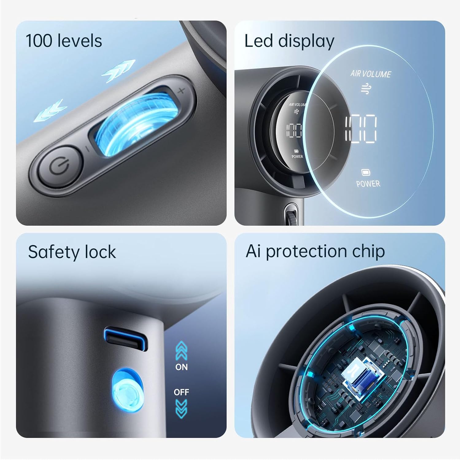 Compact handheld portable fan in {color} with metal shell and LED display showing battery percentage โ view 2