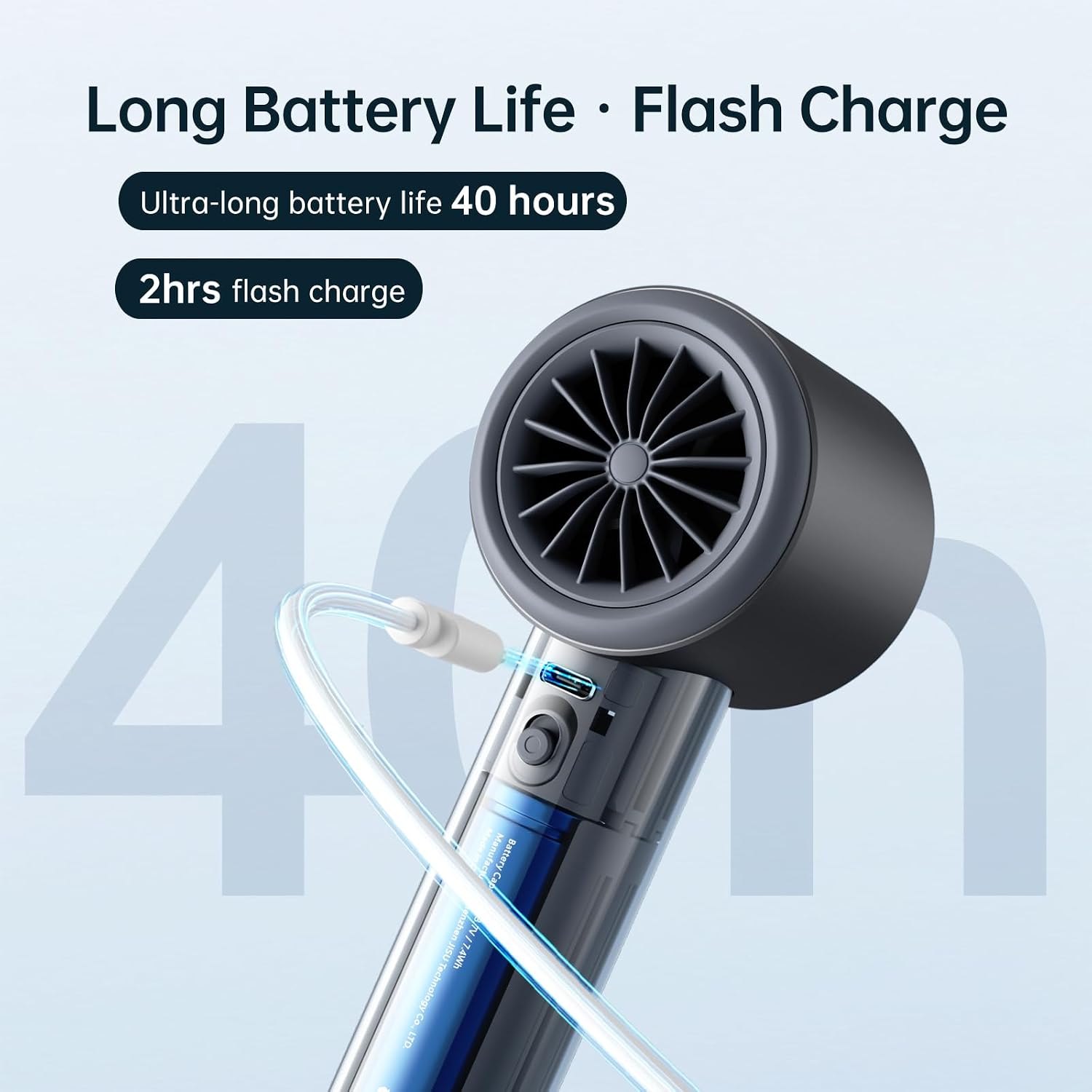 Compact handheld portable fan in {color} with metal shell and LED display showing battery percentage โ view 4