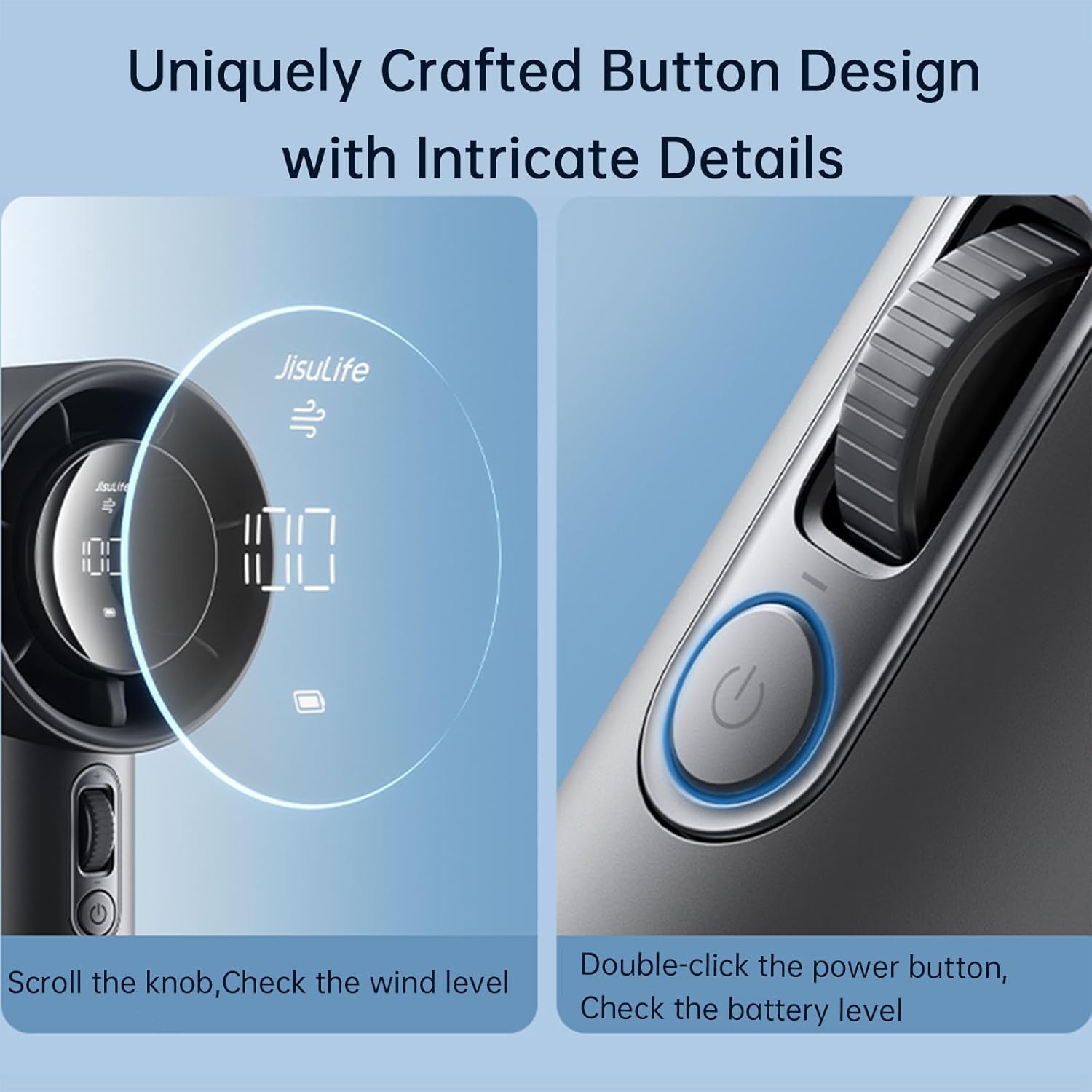 Compact handheld portable fan in {color} with metal shell and LED display showing battery percentage โ view 2