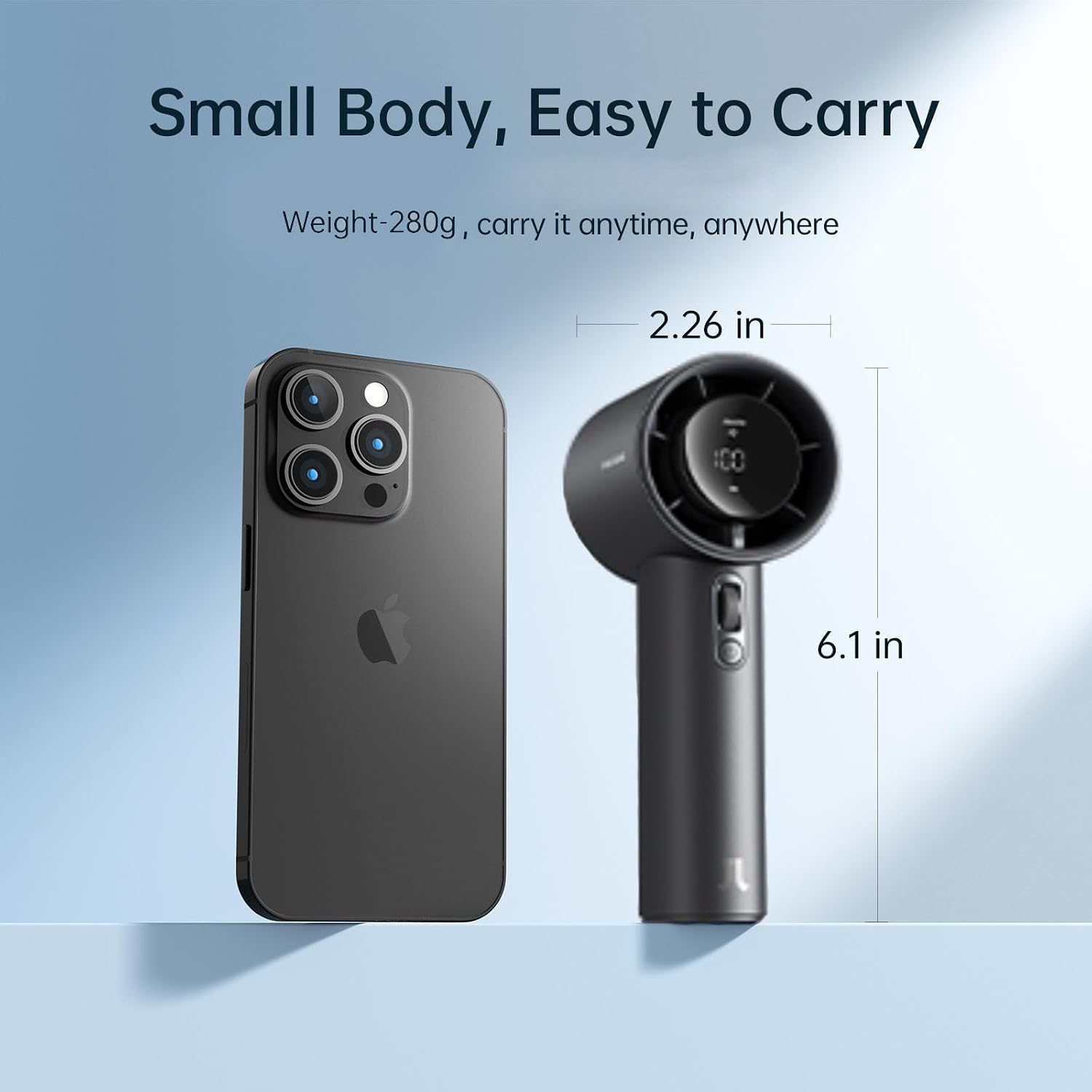 Compact handheld portable fan in {color} with metal shell and LED display showing battery percentage โ view 3
