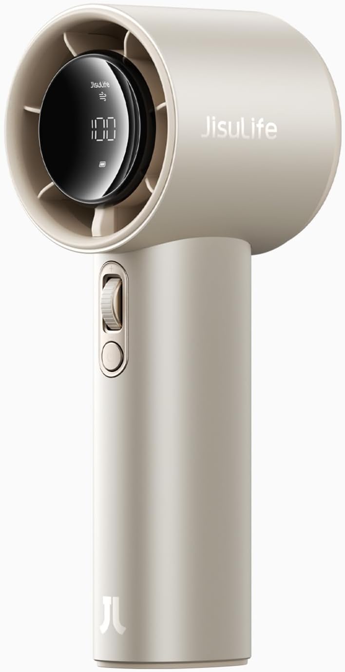 Compact handheld portable fan in {color} with metal shell and LED display showing battery percentage โ view 5
