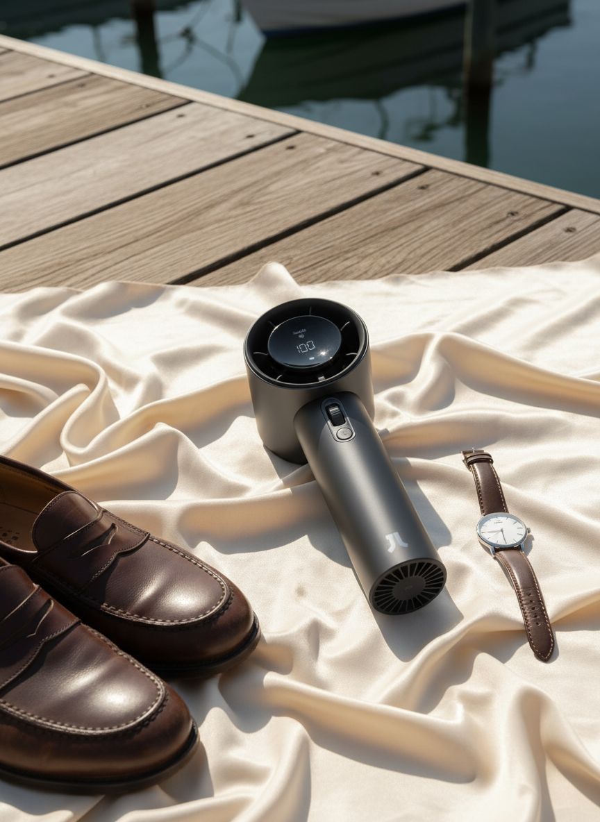 Compact handheld portable fan in {color} with metal shell and LED display showing battery percentage โ view 7a