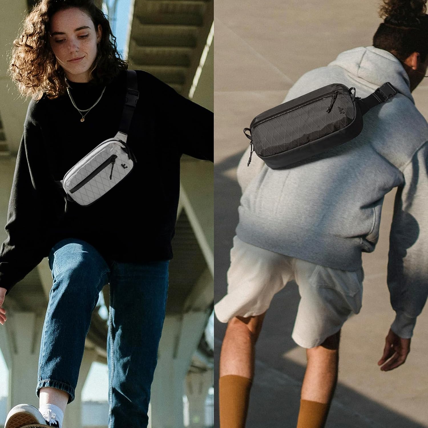 [Color] X-Pac sling bag with RFID-blocking pocket, shown as crossbody worn by [gender], minimalist chest pack for travel — view 4