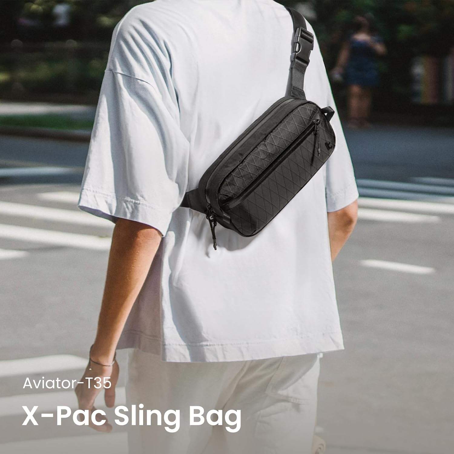 [Color] X-Pac sling bag with RFID-blocking pocket, shown as crossbody worn by [gender], minimalist chest pack for travel — view 5