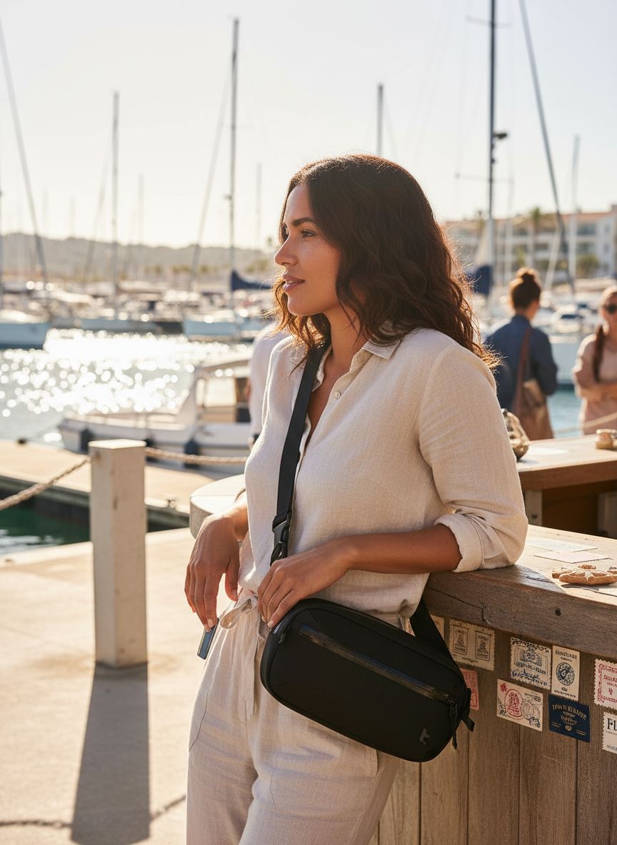 [Color] X-Pac sling bag with RFID-blocking pocket, shown as crossbody worn by [gender], minimalist chest pack for travel — view 2