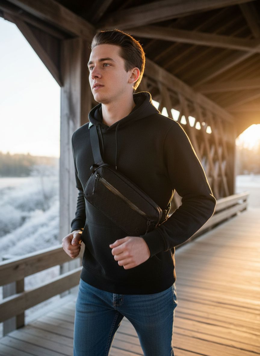 [Color] X-Pac sling bag with RFID-blocking pocket, shown as crossbody worn by [gender], minimalist chest pack for travel — view 3a