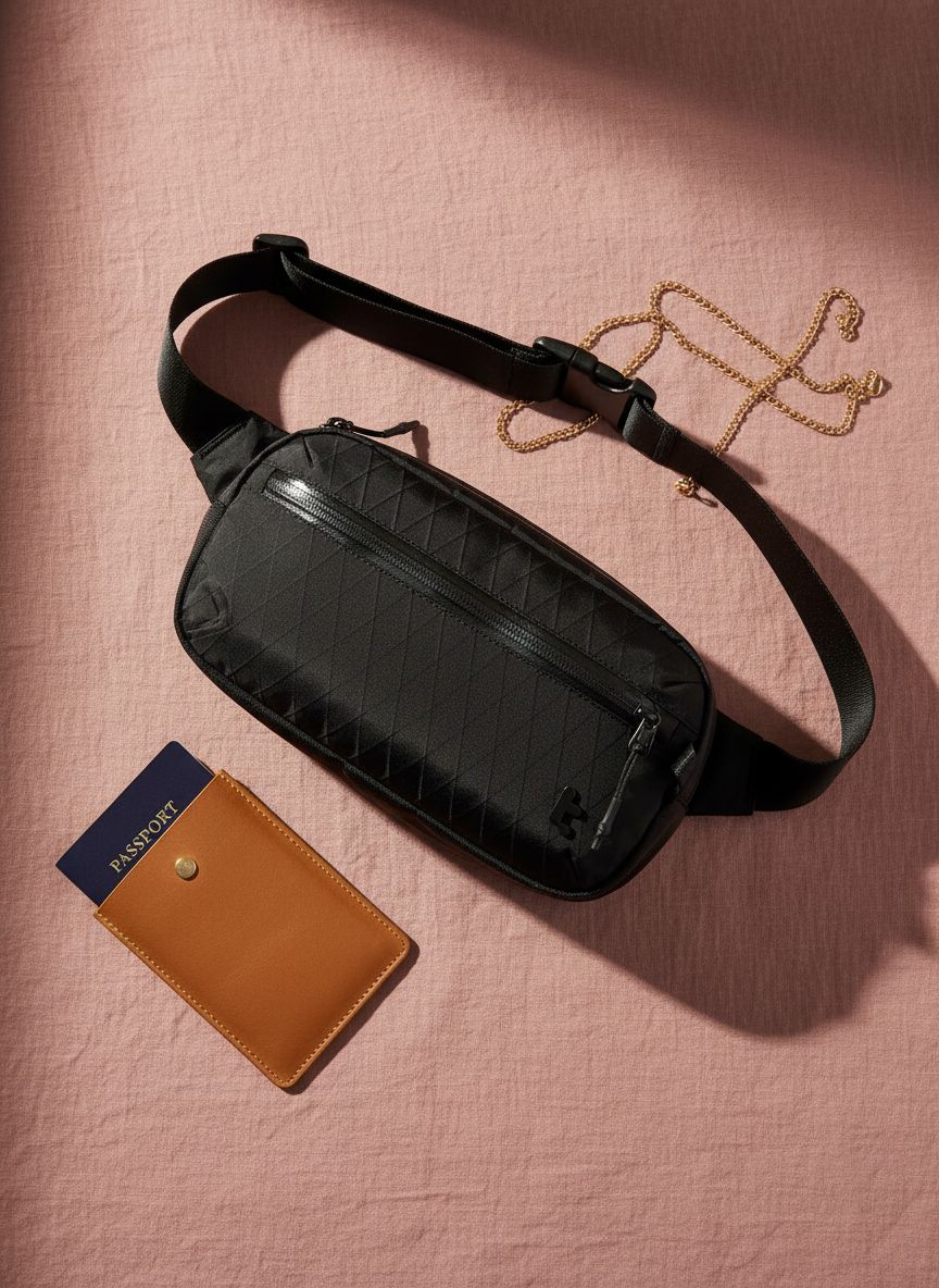 [Color] X-Pac sling bag with RFID-blocking pocket, shown as crossbody worn by [gender], minimalist chest pack for travel — view 7a