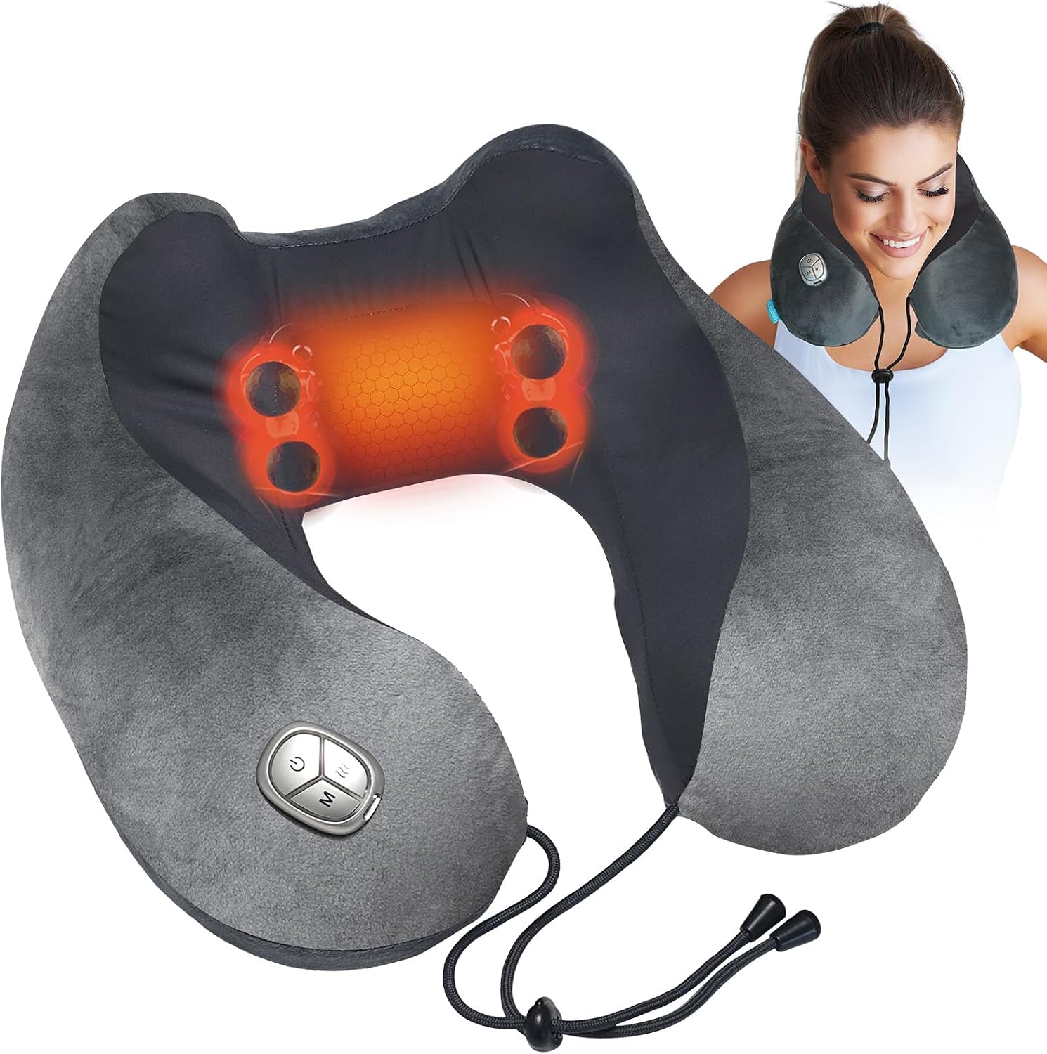 [Color] heated shiatsu neck massager pillow with memory foam, shown in compact portable form for travel use — view 1