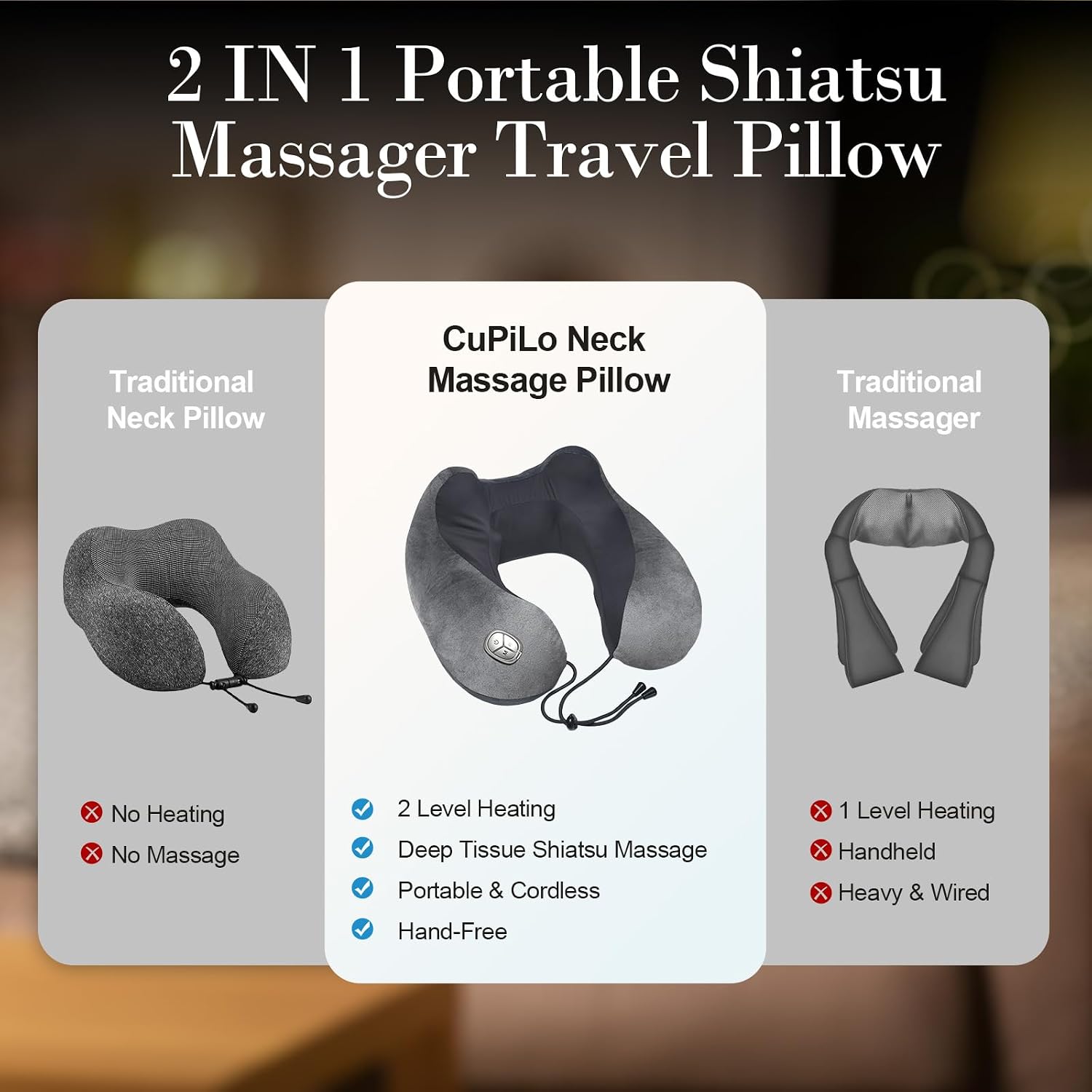 [Color] heated shiatsu neck massager pillow with memory foam, shown in compact portable form for travel use — view 3