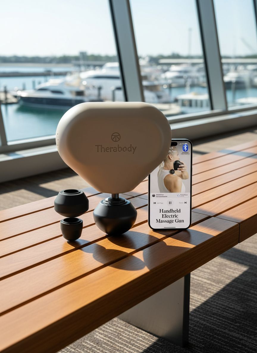 [Color] compact portable massage gun with aluminum body and silicone grip, displayed on travel luggage — view 1