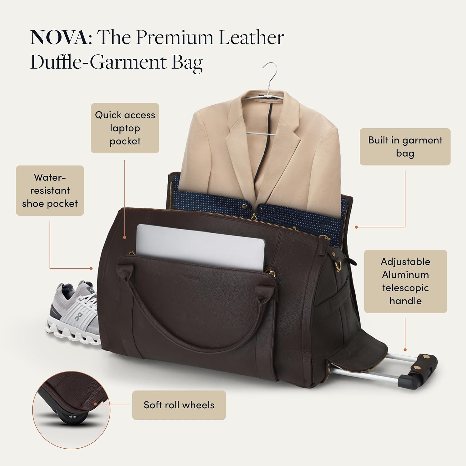 [Color] wool blend duffle bag with leather trim, wheeled base, and visible shoe compartment — view 3