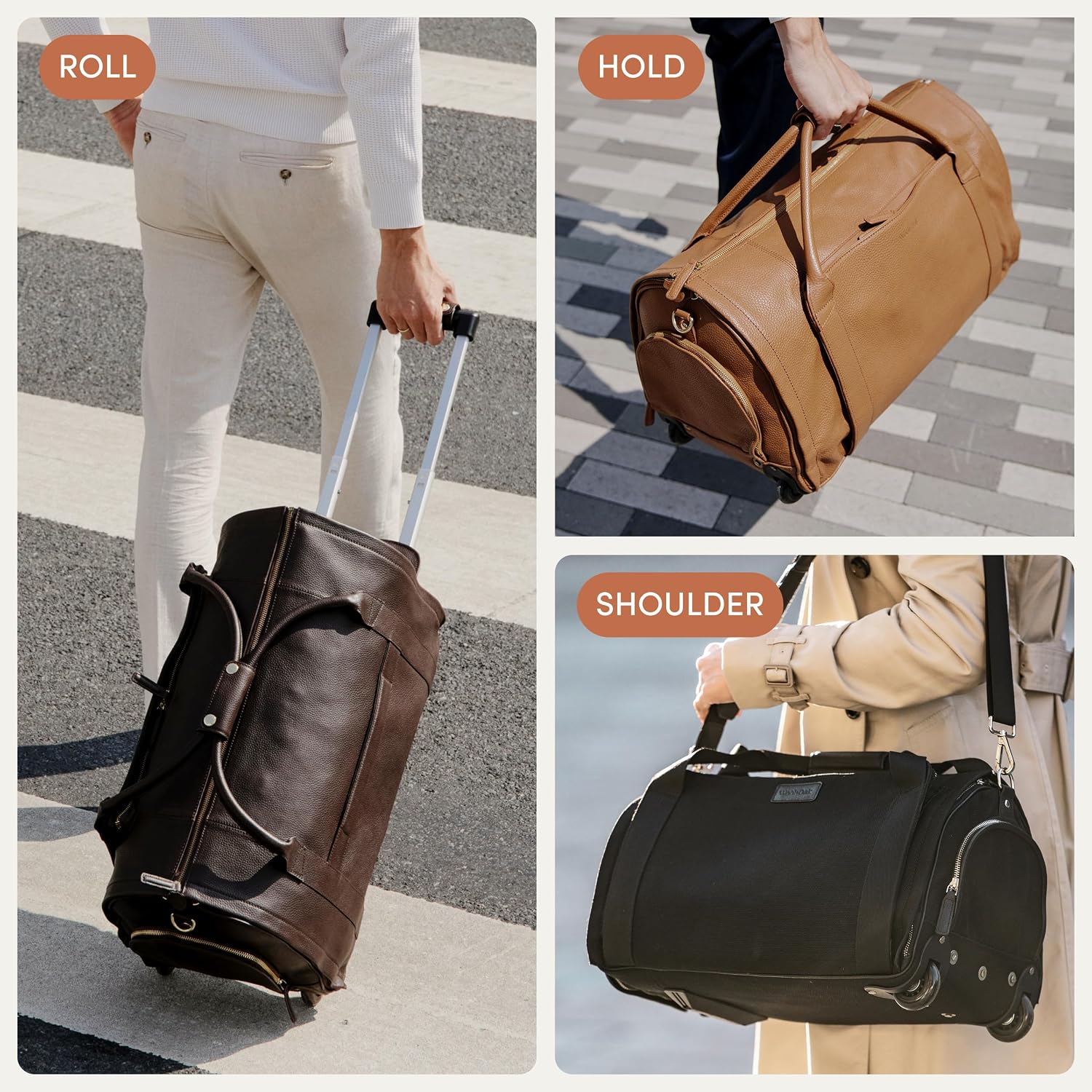 [Color] wool blend duffle bag with leather trim, wheeled base, and visible shoe compartment — view 4