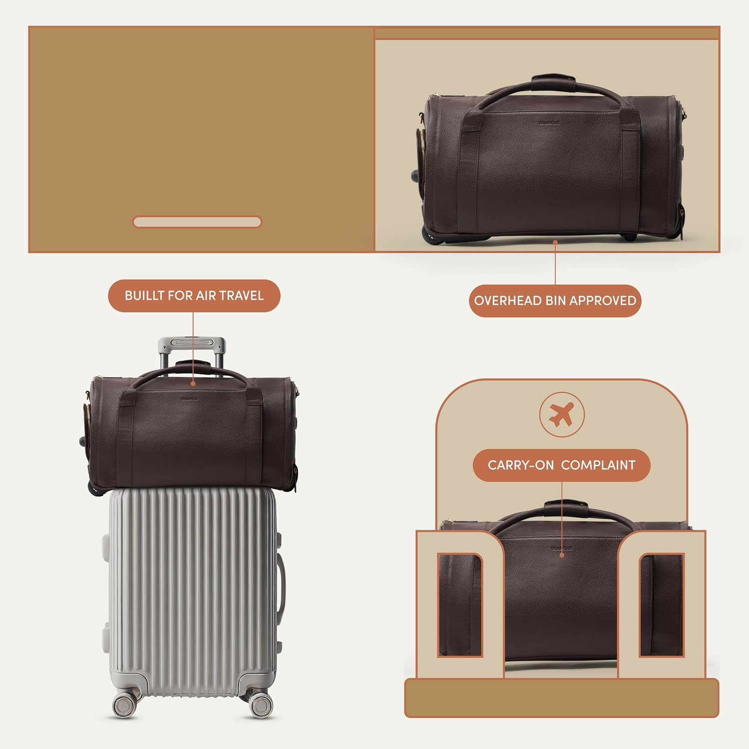 [Color] wool blend duffle bag with leather trim, wheeled base, and visible shoe compartment — view 5