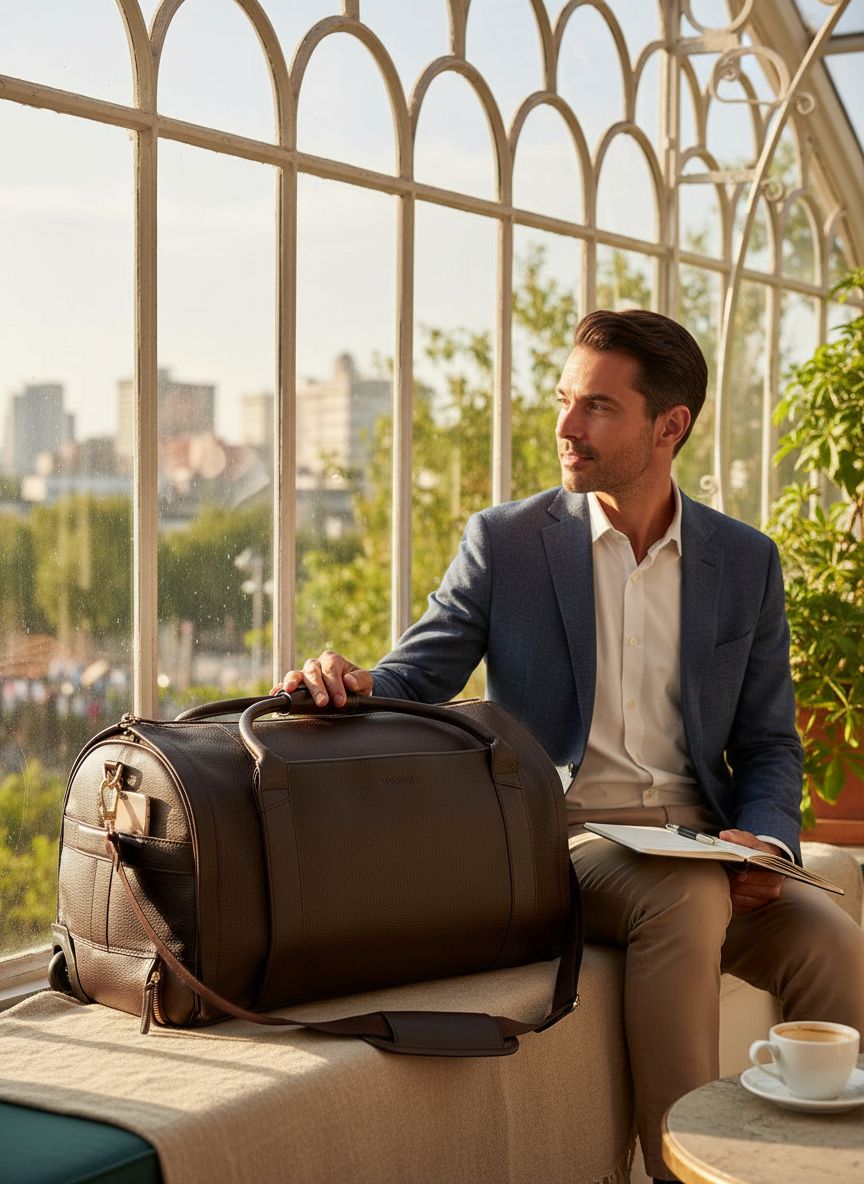 [Color] wool blend duffle bag with leather trim, wheeled base, and visible shoe compartment — view 4