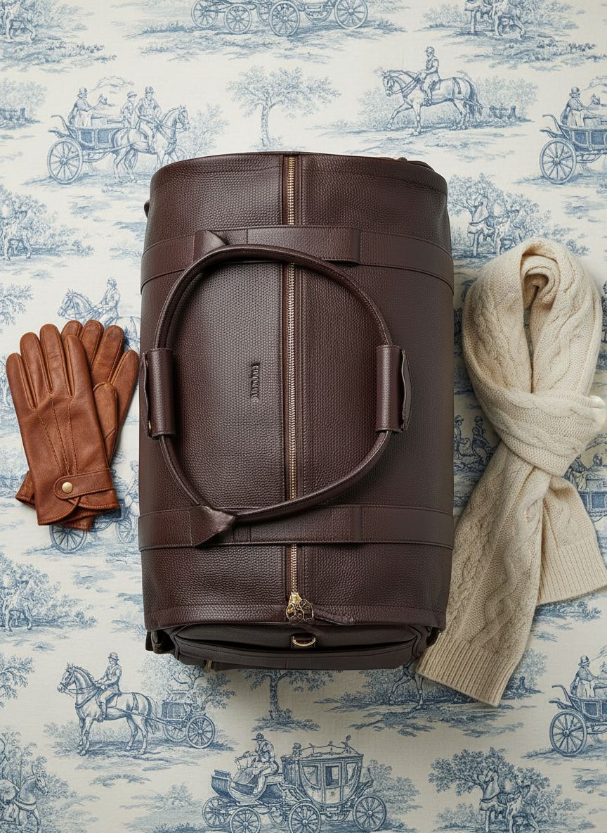 [Color] wool blend duffle bag with leather trim, wheeled base, and visible shoe compartment — view 7a