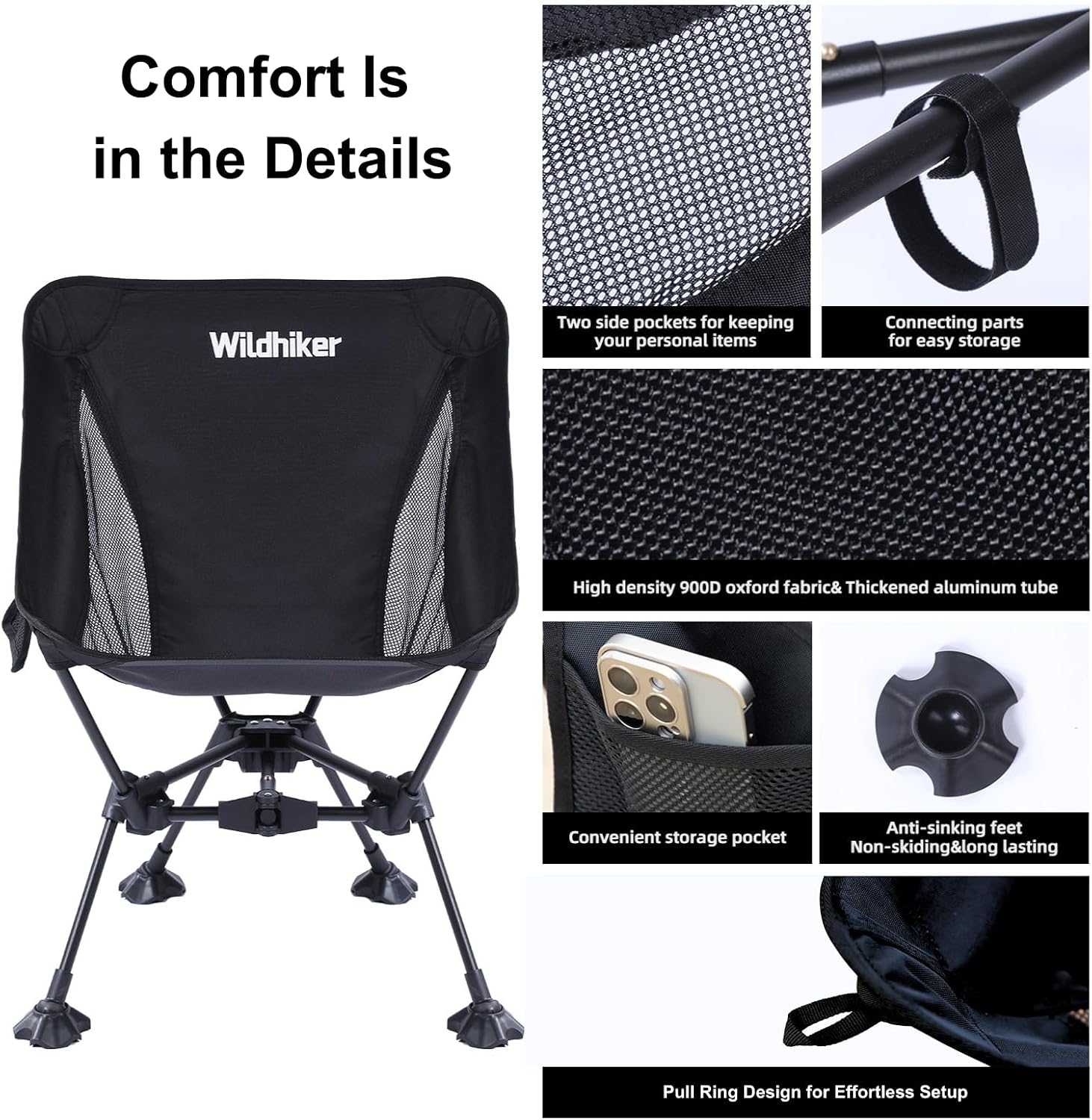 Ultralight camping chair in [color] aluminum frame with polyester fabric, featuring anti-sinking feet and carrying pouch — view 4