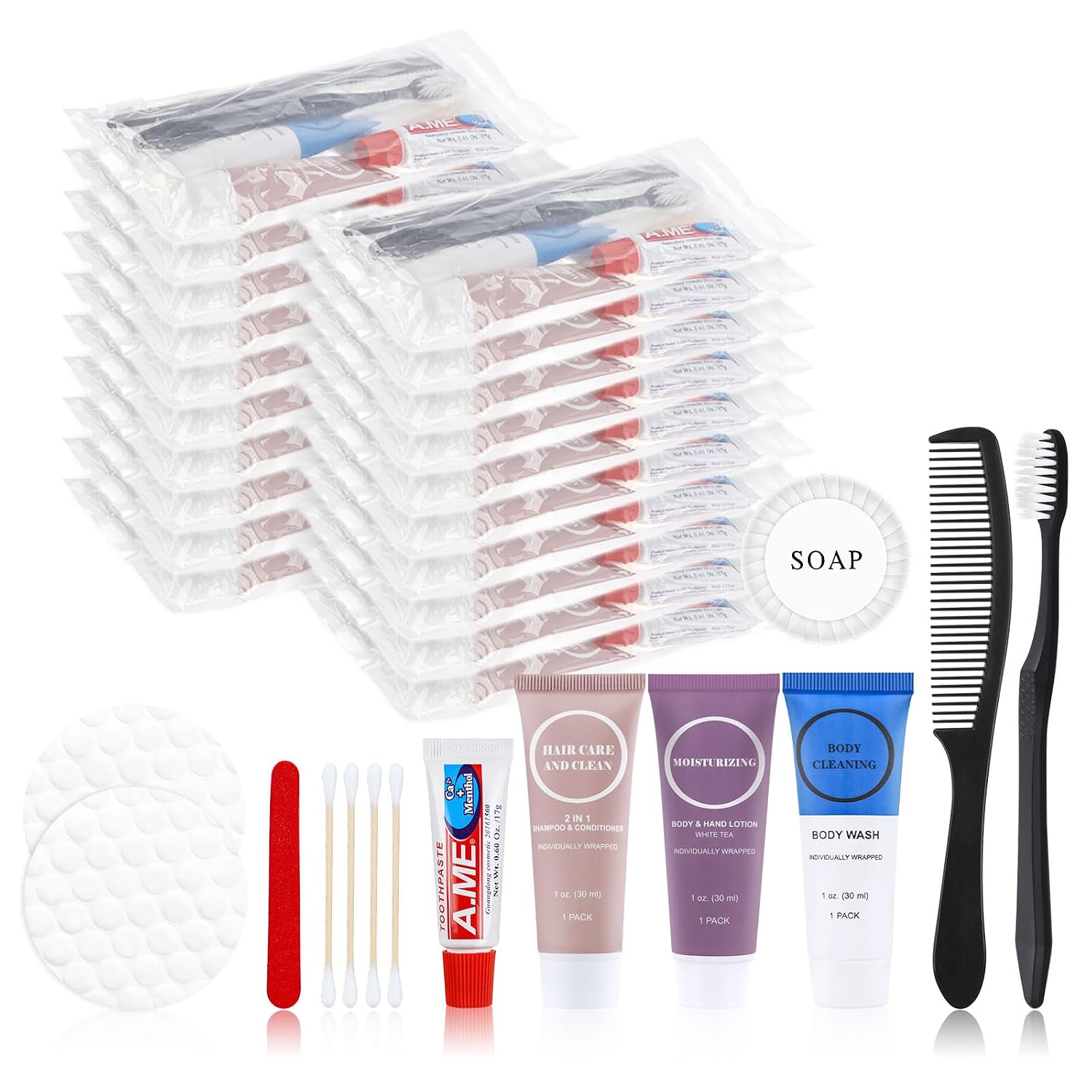 [Color] disposable toiletry kit with [specific items] trial-size personal care essentials, [quantity] pack shown — view 1
