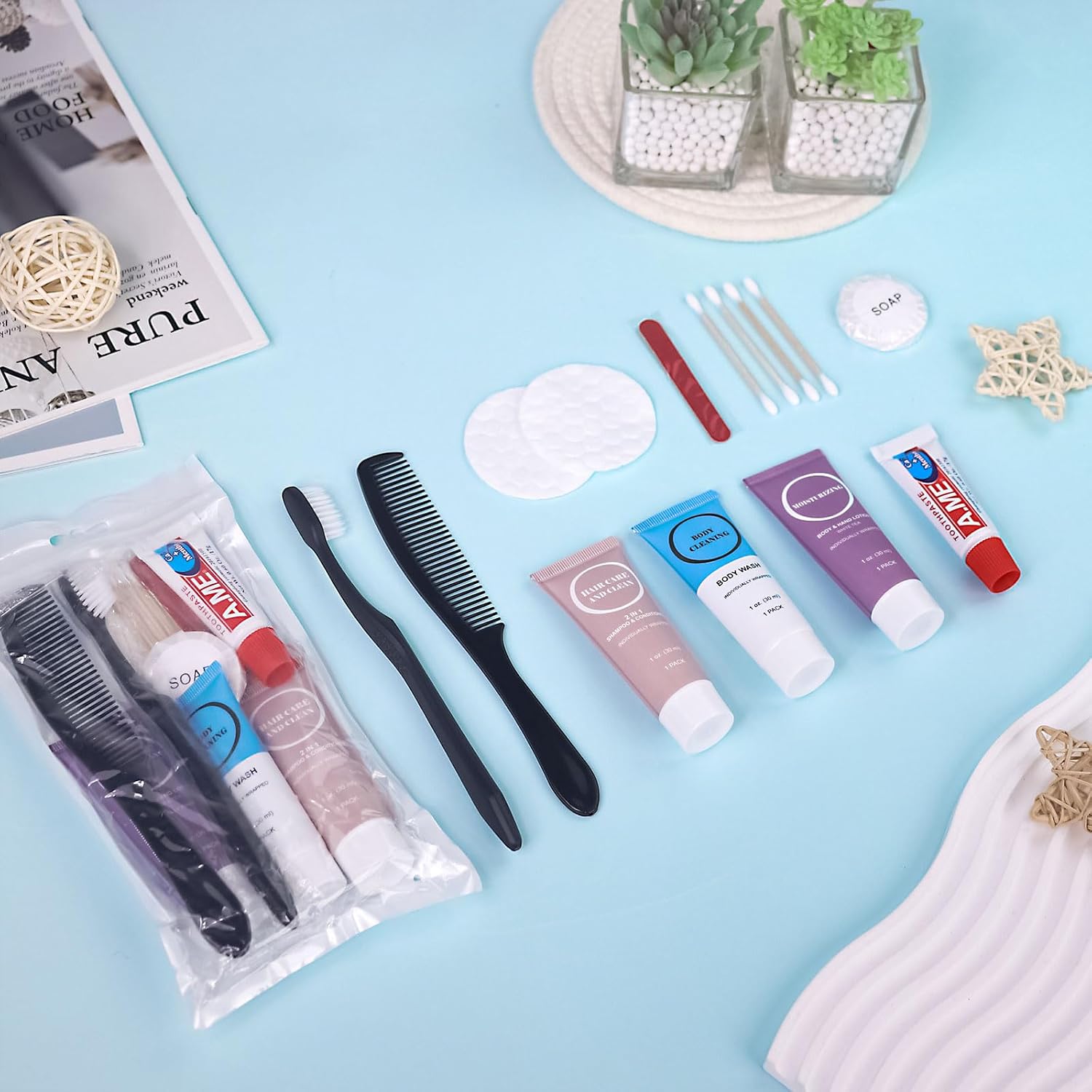 [Color] disposable toiletry kit with [specific items] trial-size personal care essentials, [quantity] pack shown — view 3